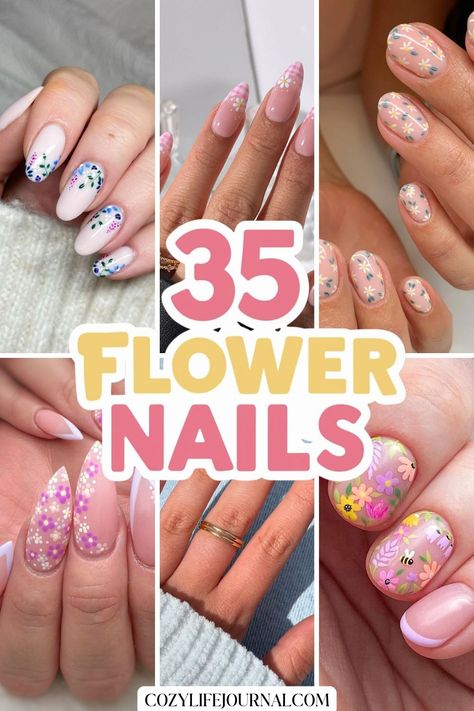 Collage of various floral nail art designs with the text "35 Flower Nails". Vibrant Blue Nails, Elegant Blue Nails, Bold Acrylic Nails, Chic Almond Nails, French Manicure Short Nails, Trendy Nail Colors, Classic Red Nails, Elegant Almond Nails, Nails April