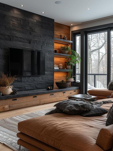 [ Lux - Envy ] Black Stone Wall Living Room, Wood Black And Grey Living Room, Dark Wood Aesthetic Living Room, Dark Wall In Living Room, Black Wall Interior Design, Dark Color Basement Ideas, Black Wall Ideas Living Room, Black Fireplace Tv Wall, Black And Wooden Living Room