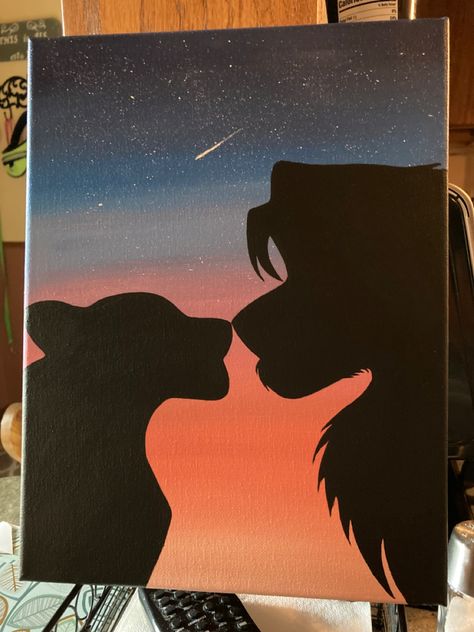 Disney Couples Paintings, Up Movie Painting Ideas, Simple Silhouette Painting, Cute Paintings Couples, Canvas Disney Painting, Couples Paintings Ideas, Canvas Painting Couple Ideas, Paintings For Couples To Do Together, Canvas Ideas For Couples