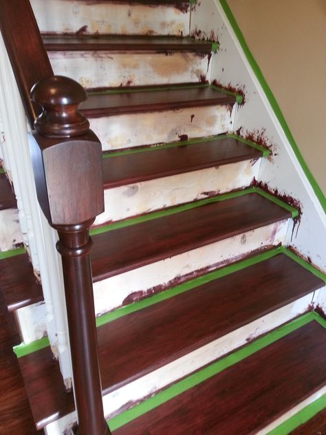 S#10 General Finishes Brown Mahogany on the banisters - 2 coats with General Finishes Semi Gloss Polyurethane - 3 coats. Treads & Wall taped for painting risers.  Satin Poly is fine but I really love Semi Gloss.  I want to do a project with High gloss but I don't know what that will be (something small to start :) ) Carpet Off Stairs, Redo Stairs, Foyer Staircase, Stair Makeover, Diy Staircase, Stairs Makeover, Staircase Makeover, Staircase Decor, Foyer Decorating