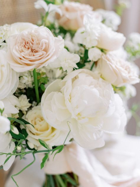 detail of spring flowers in bridal bouquet White Spring Bouquet, Rose Bridesmaid Bouquet, Garden Rose Bouquet, Icing On The Cake, Peony Wedding, Magnolia Leaves, Gorgeous Couple, Spring Bouquet, Mansion Wedding