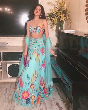 When Colours make a beautiful art work on a Blue Aqua Canvas and it's magical on the very gorgeous @janhvikapoor6 #stunning and #glamourous in #CustomMade #manishmalhotralabel #eveningwear #embrodieryart #brautiful #festive #indianwear #glamour #style #contemporarush #indIan fashion #manishmalhotraworld ##Festivefun #Diwali #styling #stylist @tanghavri @beganijewels @mmalhotraworld Janvhi Kapoor, Manish Malhotra Lehenga, Khushi Kapoor, Jahnvi Kapoor, Janvi Kapoor, Jhanvi Kapoor, Designer Bridal Lehenga Choli, Indian Fashion Trends, Anarkali Lehenga