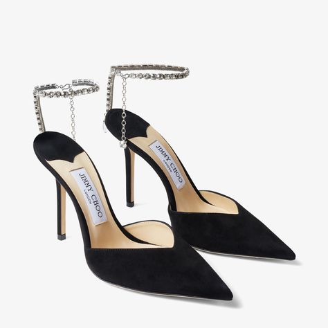 Black Suede Pumps with Crystal Embellishment | SAEDA 100 | Spring Summer 2021 | JIMMY CHOO Luxury Black Derby For Workwear, Heels For Gala Dress, Black Velvet Dress Silver Shoes, Jimmy Choo Saeda 100, Jimmy Choo Saeda, Clothes Board, Fun Shoes, Jimmy Choo Pumps, Dr Shoes