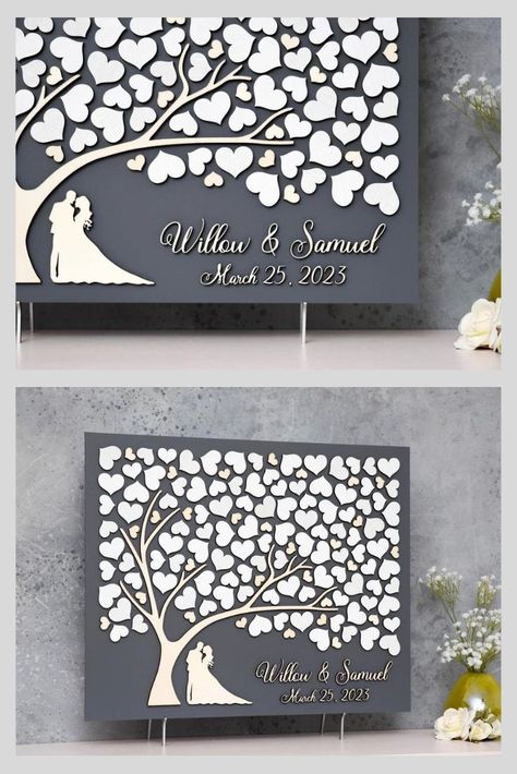 Wedding Laser Cut Ideas, Tree Guest Book Wedding, Guest Tree Sign Wedding, Laser Wedding, Wedding Guest Book Tree Leaves, Tree Wedding Guest Book, Wooden Hearts Guest Book, Wooden Hearts Wedding Guest Book, 3d Love