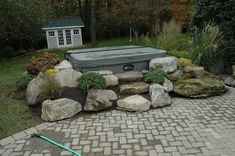 Landscaped Hot Tub surround during construction www.longislandhottub.com Hot Tub Patio Design, Hot Tub Area, Hot Tub Landscaping, Hot Tub Surround, Hot Tub Designs, Hot Tub Patio, Outdoor Hot Tub, Hot Tub Ideas, Hot Tub Deck