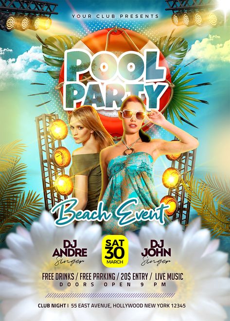 Introducing our exclusive freebie a Beach Pool Event Party Flyer PSD. This incredible design is perfect for boosting the visibility of your beach party events, pool parties, festivals, and any other summer-related gatherings. Summer Party Poster Design, Pool Party Flyer Design, Pool Party Club, Pool Party Design, Pool Party Poster, Pool Party Flyer, Beach Party Flyer, Pool Events, Party Design Poster