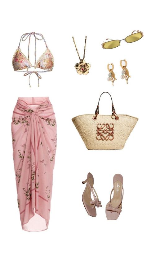 beach outfit girly aesthetic loewe hibiscus flower bikini pink embroidery kitten heels loewe bag Hawaiian Beach Party Outfit, Beachcore Outfit, Beach Bar Outfit, Outfit Plage, Oceancore Aesthetic, 13 Going On 30 Outfits, Outfit Bali, Outfits For The Beach, Beach Day Outfit