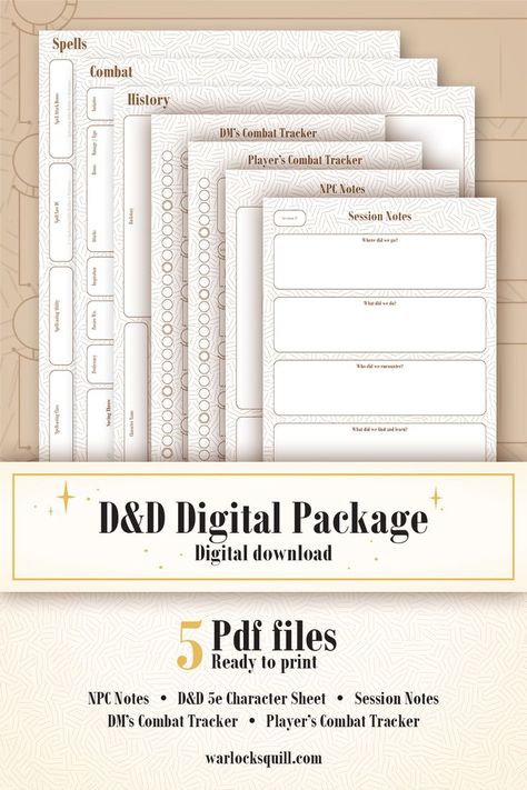 5 D&D digital files and templates, including a character sheet. Session Notes Dnd, Dnd Notes Template, Dm Notes Template, Initiative Tracker Dungeons And Dragons, Dnd Session Notes Template, D&d Printables, Dnd Note Taking, D&d Journal, Dnd Session Notes