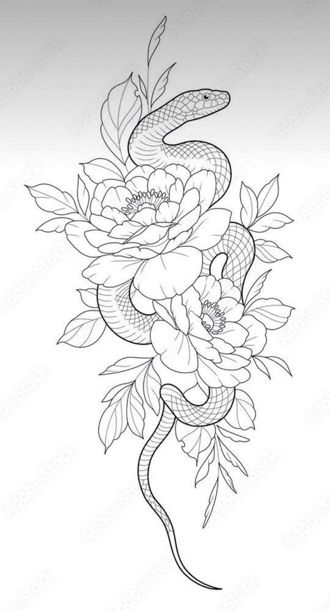 Snake Tattoo Designs For Women, Snake Flower Back Tattoo, Snake And Poppy Tattoo, Boho Rose Tattoo, Snake In Flowers Tattoo, Mandala Snake Tattoo, Snake Shoulder Tattoo Women, Men Tattoo Stencil Design, Snake Mandala Tattoo