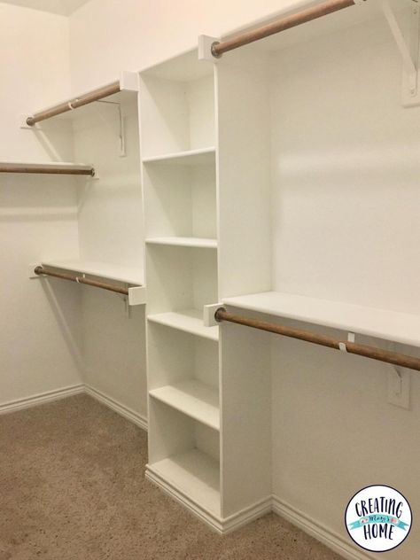 Diy Master Closet Remodel, Diy Master Closet Shelves, Master Closet Remodel Walk In, Remodeled Closet Ideas, Cheap Closet Shelving, Simple Closet Shelving, Bedroom Closet Remodel Ideas, Master Closet Design Simple, White Closet Shelves