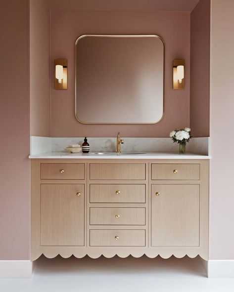 Fit for a princess! 🌹✨ Rose-colored walls and natural wood built-ins bring warmth and elegance to this girls' bathroom. Swipe to see the original concept elevations and how the vision began! #UnionHomeDesign #BathroomInspo #DesignProcess #MainLineDesign #ConceptToReality #PhiladelphiaInteriors Pink Vanity Bathroom, Dusty Rose Bathroom, Colored Walls, Pink Vanity, European Girls, Bath Girls, Girls Bathroom, Pink Bathroom, Bathroom Inspo