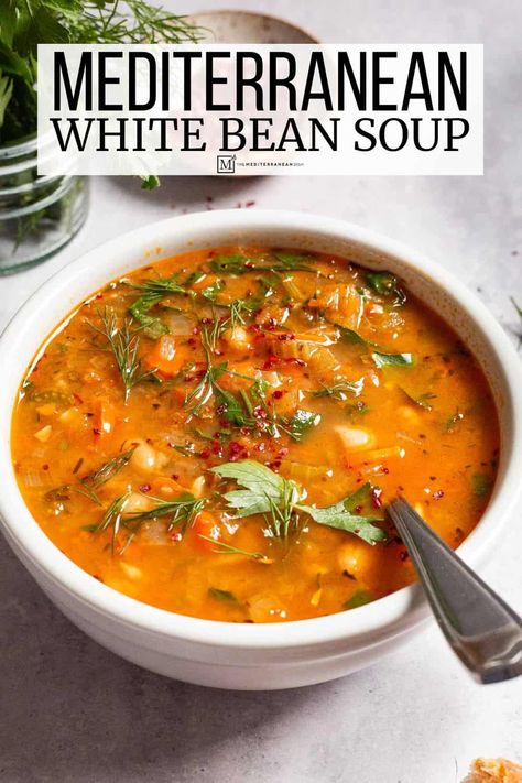 Spinach Lentil And Butter Bean Soup, Mediterranean Recipes Dairy Free, Cooking With Beans Healthy, White Bean Crockpot Soup, White Bean Healthy Recipes, Herb Soup Recipes, Single Serving Soup Recipes, Soups That Heal, Soups Healthy Clean Eating