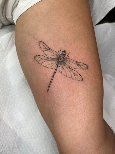 Dragonfly Tattoo On Back Of Arm, Vintage Dragonfly Tattoo, Dragonfly Tattoo Inner Arm, Linework Dragonfly Tattoo, Dragon Fly Shoulder Tattoo, Dragon Fly Leg Tattoo, Damsel Fly Tattoo, Dragonfly Tattoo For Men, Dragon Fly Tattoo Men