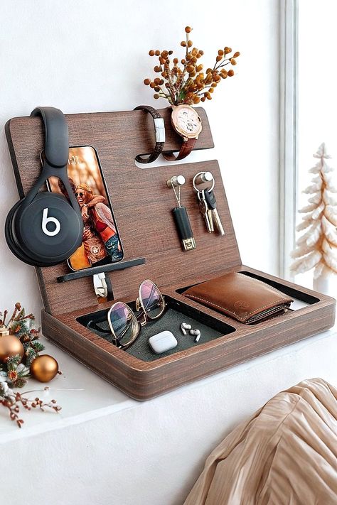 Namore  Gift for Men Husband, Anniversary, Birthday  Wood Phone Docking Station  Ideal as Office and Nightstand Organizer  Organize your Watch, Wallet, Cellphone, Keys, Airpods Mens Office Gifts, Keys Organizer, Nightstand Organizer, Phone Docking Station, Nightstand Organization, Mens Office, Husband Anniversary, Tray Diy, Key Organizer