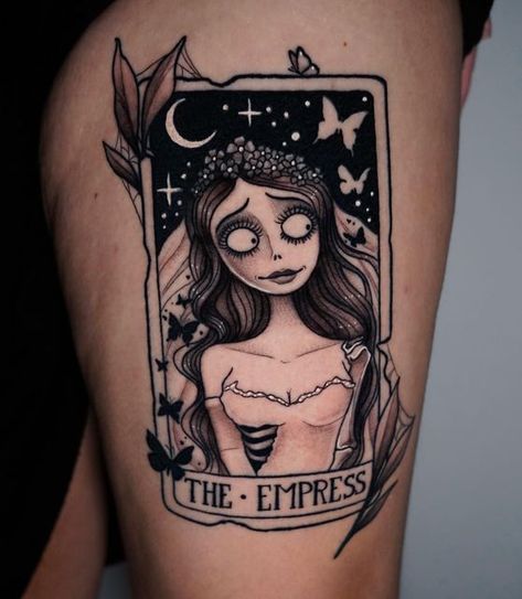 𝚋𝚛𝚘𝚘𝚔𝚎 on Instagram: "Corpse Bride is one of my favorite movies so I was really excited to get a request for Emily as a tarot card 🦋🖤 split into two sessions as this ended up being an intense one for my client, but now we have an almost healed pic of it which is awesome ✨ The shading on her hair/leaves/dress and the white highlights are fresh, everything else is healed. Thanks so much for the complete trust and creative freedom on this Breeanna! . . . #corpsebride #corpsebridetattoo #tim Disney Tattoo Ideas Female, Corpse Bride Emily Tattoo, Emily Corpse Bride Tattoo, Corpse Bride Tattoo, Tim Burton Tattoo, Leaves Dress, Tattoo Artist Tattoo, Tattoo Design Tattoo, Movie Tattoos