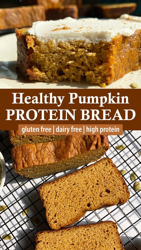 This healthy pumpkin protein bread is made with almond flour, protein powder and pumpkin puree. It's dense and moist with a soft texture and bold pumpkin flavor. This protein bread recipe is gluten free, dairy free and paleo friendly. Gluten Free Protein Pumpkin Bread, Protein Powder Pumpkin Bread, Almond Flour Protein Recipes, Pumpkin Protein Powder Recipes, Gluten Free Protein Bread, Protein Powder Baking Recipes, Keto Protein Powder Recipes, Gluten Free Dairy Free High Protein, High Protein Pumpkin Bread