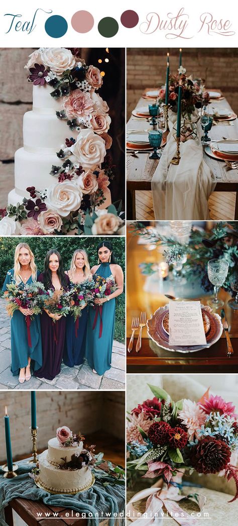 Dark Teal Winter Wedding, Jewel Colors Wedding, Topaz Wedding Theme, Summer Fairytale Wedding, Teal And Wine Wedding Color Schemes, Dark Teal Fall Wedding, Fall Wedding Roses, Rustic Fall Wedding Decor Receptions, Teal Blue And Burgundy Wedding