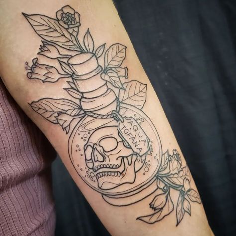 olivia taylor | ☠🖤 AQUA TOFANA 🖤☠ We ran out of time so I didn't get to finish but omggggggg I got to do a @baileysarian tattoo. I dont geek out on much… | Instagram Small Poison Bottle Tattoo, Aquatofana Tattoo, Medicine Bottle Tattoo, Spell Jar Tattoo, Aqua Tofana Tattoo, Poison Bottle Tattoo, Terrarium Tattoo, Potion Bottle Tattoo, Perfume Bottle Tattoo