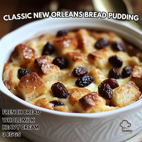 🌟 Indulge in the decadent flavors of Classic New Orleans Bread Pudding - a taste of Southern comfort! 🍞🍮 Recipe: Classic New Orleans Bread Pudding Ingredients: - 6 cups cubed French bread (1-inch pieces) - 2 cups whole milk - 1 cup heavy cream - 3 eggs - 1 cup granulated sugar - 2 tsp vanilla extract - 1/2 tsp ground cinnamon - 1/4 tsp nutmeg - 1/2 cup raisins - 1/4 cup butter, melted Instructions: 1. Preheat oven to 350°F. 2. In a large bowl, mix bread, milk, cream. Let sit for 10 mins. 3... Southern Bread Pudding With Rum Sauce, Classic New Orleans Bread Pudding, New Orleans Bread Pudding Recipe, Bourbon Street Bread Pudding, Bread Pudding Recipe Old Fashion Bourbon, Bread Pudding New Orleans, Classic Bread Pudding, Raisin Bread Pudding, Raisin Cake