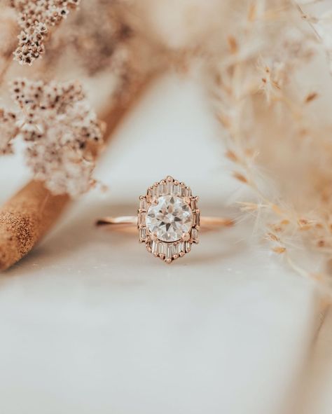 Engagement Rings Starburst, Round Starburst Engagement Ring, Floral Halo Engagement Ring Round, Rose Gold Starburst Engagement Ring, Celestial-inspired Yellow Gold Halo Diamond Ring, Baguette Halo, Round Brilliant Diamond Ring, Round Moissanite Engagement Ring, Gold Anniversary Rings