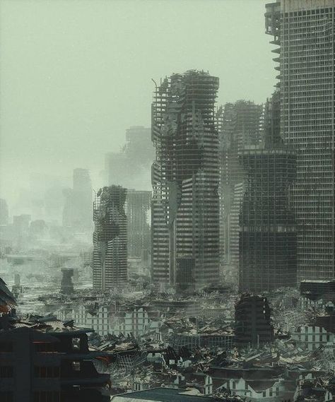 Dystopian Art, Abandoned City, Apocalypse Aesthetic, Film Texture, Post Apocalyptic Art, Ruined City, Future Buildings, Fantasy Places, Matte Painting