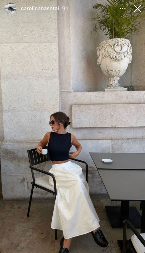 White Open Back Top Outfit, Fashion Long Skirts Style, Quiet Luxury Style Summer, Minimalist European Fashion, Picnic Jeans Outfit, South If France Outfits, Italy Local Fashion, Mexico Winery Outfit, Tank Top Long Skirt Outfits