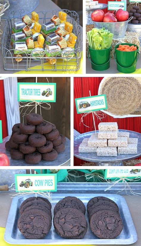 Tractor Birthday Party Food, Farm Snacks, Tractor Birthday Party Theme, Farm Party Ideas, John Deere Birthday Party, John Deere Birthday, Tractor Birthday Party, Cow Birthday Parties, Barnyard Birthday Party