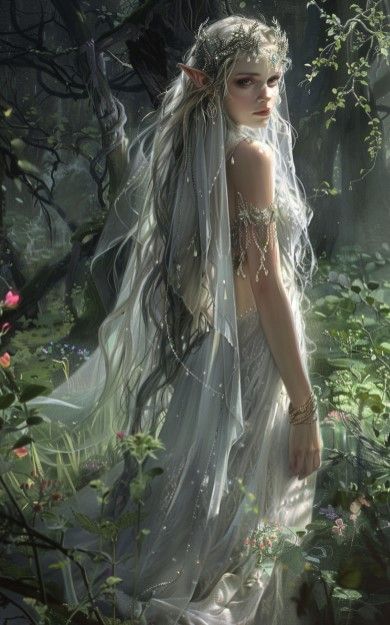 Forest Elf Princess, Fae Princess Art, White Elf Aesthetic, Elf With White Hair, Elf Goddess, Fae Queen, Evil Fairy, Book Scenes, Elf Dress