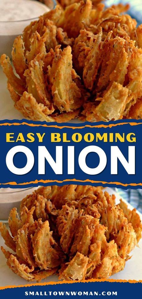 This easy blooming onion recipe is better than any Outback restaurant! Deep-fried to crispy, golden perfection, this finger food is a 4th of July appetizer everyone will love. Don't forget the homemade dipping sauce for this party snack! Deep Fry Foods Ideas, Foods To Deep Fry, What To Fry In A Deep Fryer, Things To Fry In A Deep Fryer, Easy Deep Fryer Recipes, How To Make Blooming Onion, Blooming Onion Batter Recipe, Onion Blossom Recipe Air Fryer, Things To Make With Onions