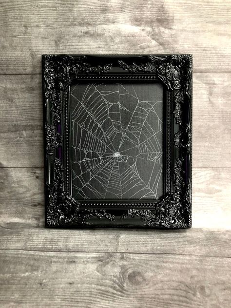 Framed Spider Web, Gothic Painting Ideas On Canvas, Spider Web Painting, Gothic Painting Ideas, Spider Painting, Spider Web Art, Victorian Frames, Real Spiders, Web Spider