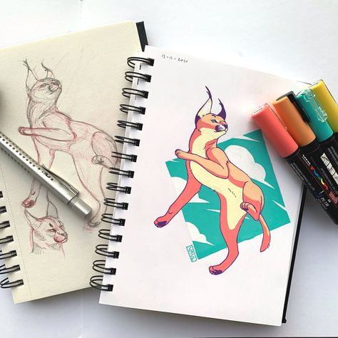 Posca Marker Art drawing doodle illustration animal ideas children’s book painting caracal cat sketch sketchbook Marker Art Drawing, Toned Sketchbook, Posca Marker Art, Posca Painting, Caracal Cat, Book Painting, Animal Ideas, Posca Marker, Sketch Poses