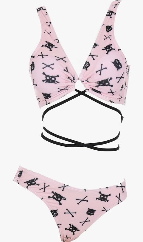 Light Pink and Black Skull Print Bikini Emo Swimming Suits, Goth Swimming Suits, Pastel Goth Swimsuit, Aestethic Bikinis Goth, Goth Swimsuit Bikinis, Aesthetic Swimsuit, Pink Bathing Suits, Two Piece Swimwear, Cute Bikinis