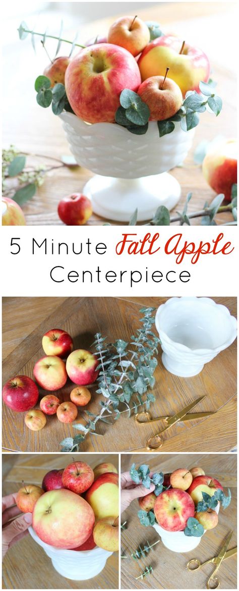 A simple and elegant apple centerpiece to decorate your table for fall! Apple Party Centerpieces, Fall Apple Party Decorations, Apples And Sunflowers Decor, Apple Fall Decor Ideas, Apple Theme Table Decorations, Fall Apple Centerpieces For Table, Early Fall Tablescapes, Apple Centerpieces For Table, Apple Flower Arrangements