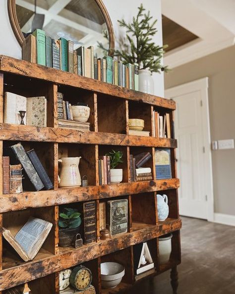 Blair Campbell Teer on Instagram: "Here’s another picture of my cubbies because, if I’m being honest, it’s the only space I’ve put back together since Christmas came down. So there’s that…🤦🏼‍♀️" Vintage Storage Shelves, French Country Bookshelf Ideas, Antique Bookshelf Decor, Rustic Bookshelves, Cubby Wall, Vintage Booth, Rustic Bookshelf, Styling Shelves, Wood Bookshelves