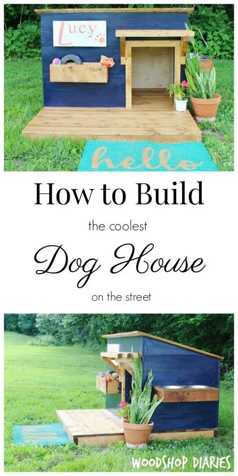 How to Build a Modern DIY Dog House. Free plans and video tutorial to build this awesome dog house with deck. You'll have the coolest dog house on the street House With Deck, Build A Dog House, Dogs Diy Projects, Dog House Plans, Cool Dog Houses, Dog Diy, Dog House Diy, Dog Projects, Free Plans