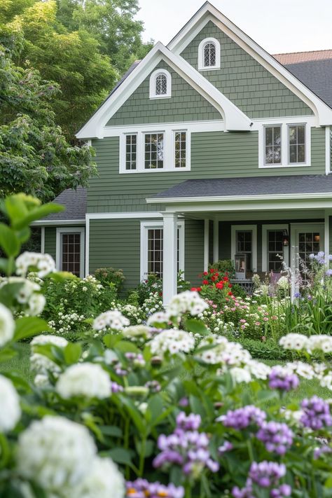 Green Home Exterior, Green House Paint, Sage Green House, Red Brick House Exterior, Green Exterior House Colors, Green House Exterior, Green Roof House, Cottage House Exterior, Modern Lodge