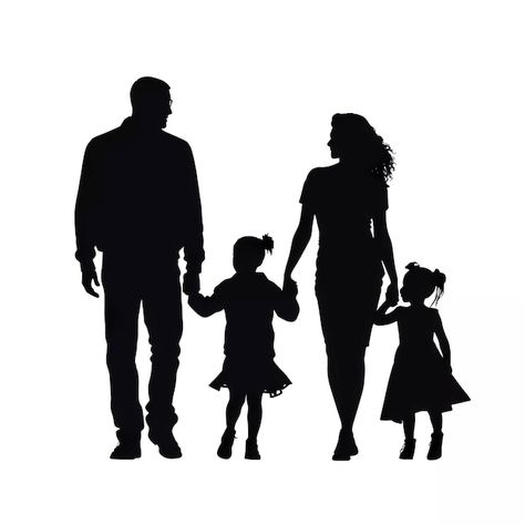 Family Portrait Silhouette, Happy Family Silhouette, Family Of 4 Silhouette, Family Siluet, Family Silhouette Tattoo, Family Vector Illustration, Digital Quotes, Family Silhouette, Silhouette Family