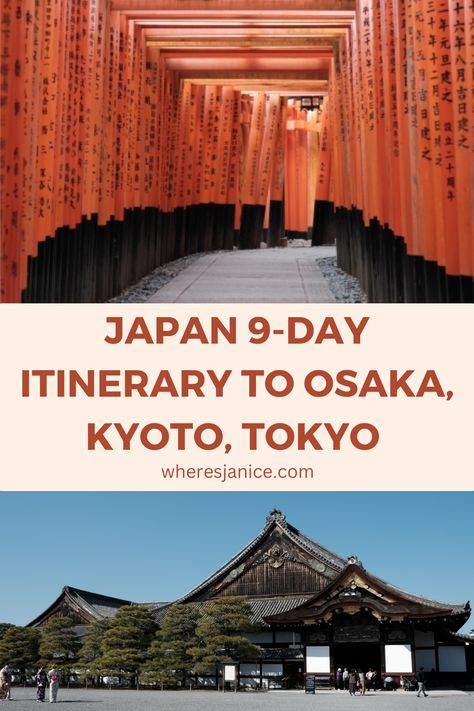 Visit the amazing cities of Osaka, Kyoto and Tokyo in this 9-day itinerary. You will get to experience rich Japanese culture, view historic architecture and enjoy the delicious food. If this is your first time to Japan, this itinerary will help you navigate your way through the many options you have for a holiday in Japan. Click to read more ideas! Tokyo Kyoto Osaka Itinerary, Osaka Itinerary, Japan Honeymoon, Kyoto Itinerary, Nijo Castle, Circular Art, Japan Itinerary, Osaka Castle, Historic Architecture