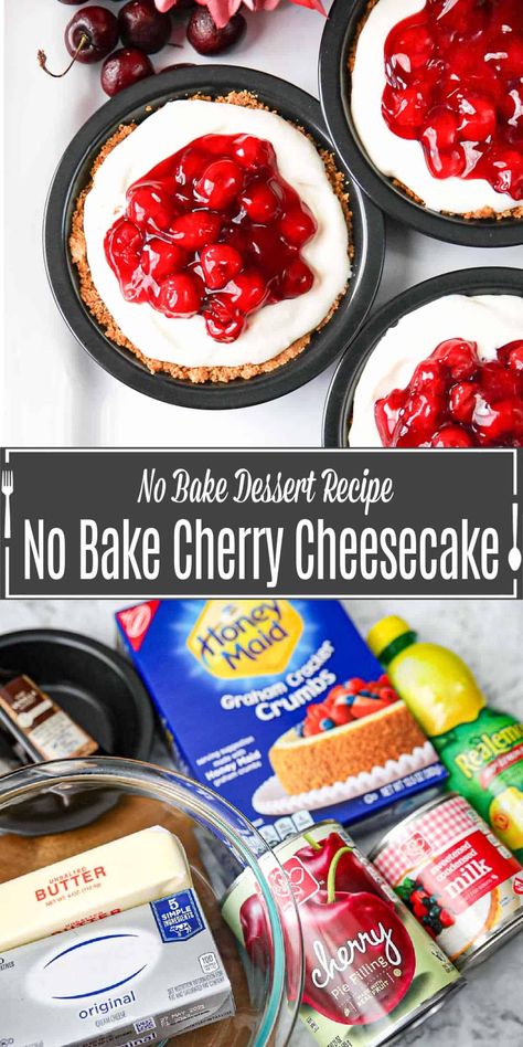 No bake cherry cheesecakes are mini desserts made with a cream cheese filling, no bake graham cracker crusts and sweet cherry pie filling. This simple no bake cherry cheesecake is made with sweetened condensed milk and cream cheese whipped together and then spooned into a no bake graham cracker crust and topped with canned cherry fruit filling. It's a great no bake dessert for summer parties. Mini Cherry Pies With Graham Cracker Crust, No Bake Cherry Cheesecake Recipes With Sweetened Condensed Milk, Cheesecake With Sweet Condensed Milk, Cheesecake No Bake Condensed Milk, Cherry Cheesecake No Bake Condensed Milk, No Bake Cheesecake Sweet Condensed Milk, No Bake Cheesecake Sweetened Condensed, No Bake Cheesecake With Sweetened Condensed Milk, No Bake Cherry Cheesecake With Cool Whip