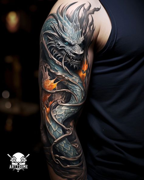 A striking black dragon tattoo concept on the arm, featuring dark gold and bronze tones for a naturecore vibe. | Instagram Warrior And Dragon Tattoo, Dragon Tattoo On Arm Men, Shoulder And Bicep Tattoo Men, Tattoo Dragon Arms, Dragon Sleeve Tattoos Men, Black Out Dragon Tattoo, Men’s Cover Up Tattoos Arm, Dragon Arm Sleeve Tattoo, Arm Dragon Tattoo