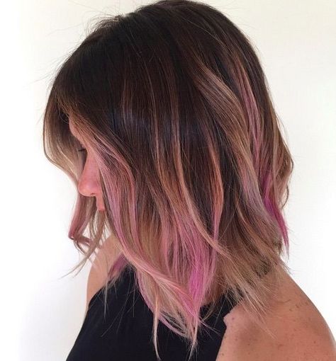 Brunettes, show your adventurous side with a hint of fuchsia at the ends. This expertly blended long bob is a fun way to play with color for those who don't want to go full mermaid.  Image: @prettylittleombre Balayage Pink, Coral Hair Color, Hair Caramel, Balayage Straight Hair, Best Ombre Hair, Coral Hair, Underlights Hair, Brunette Ombre, Pink Ombre Hair