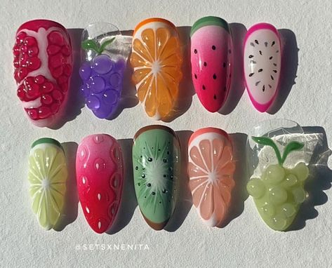 Weird Nail Art, Egg Nails, Fruit Nail Designs, Fruit Nails, Food Nails, Fruit Nail Art, Wow Nails, Airbrush Nails, Diy Acrylic Nails