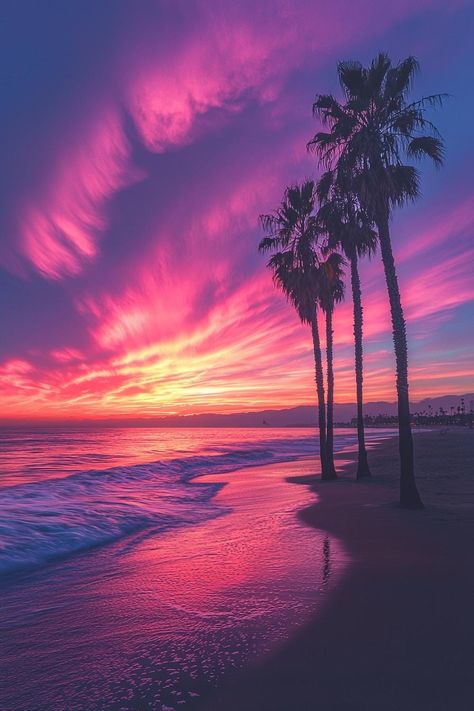 Experience the tranquil beauty of a Californian sunset with "Venice Sunset Dreams: A Symphony in Purple and Pink." This breathtaking photograph captures the serene shoreline of Venice Beach, bathed in the vibrant hues of dusk. The sky is ablaze with shades of purple, pink, and orange, reflecting off the gentle waves as palm trees stand silhouetted against the colorful backdrop. This piece is perfect for anyone who wants to bring a touch of West Coast serenity and the magic of a Venice Beach sunset into their home. Product Ideas: Framed Prints: Offer this stunning sunset as a framed print, perfect for adding a touch of coastal beauty to any room. Canvas Wall Art: Create large canvas prints that showcase the vivid colors and serene setting of this Venice Beach sunset, ideal for living rooms Pink Sunset Color Palette, Korean Sunset, Purple And Pink Aesthetic, Beautiful Sunset Nature, Pink And Blue Sunset, All Shades Of Purple, Pink And Purple Sunset, Venice Sunset, Colourful Sunset