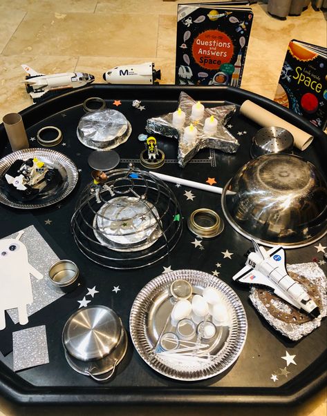 Whatever Next Jill Murphy Activities, Space Theme Tuff Tray Ideas, Space Provision Eyfs, Moon Tuff Tray, Space Tough Tray Ideas, Eyfs Space Activities, Space Activities Eyfs, Space Reggio, Space Provocations