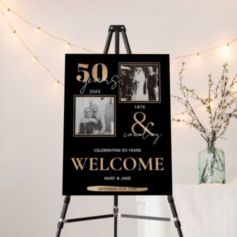 $51.4 | 50th Golden Wedding Anniversary Then & Now Welcome - 50th wedding anniversary, golden wedding anniversary, 50 years and counting, black and gold, 50 years in the making, vow renewal, elegant script, gold fiftieth, then and now photos, 50th wedding anniversary welcome sign Anniversary Welcome Sign, 50 Golden Wedding Anniversary, Then And Now Photos, Golden Wedding Anniversary, Golden Wedding, 50th Wedding Anniversary, 50th Wedding, Vow Renewal, Foam Board