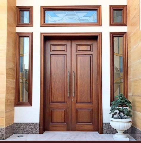 Main Door Ventilation Design, Sagon Wood Double Door Design, Wooden Main Door Design Entrance Modern Double, Front Double Door Design Wood, Wooden Main Double Door Design, Main Door Design Ideas, Wooden Double Front Doors, Door Designs For Home, Best Exterior House Paint