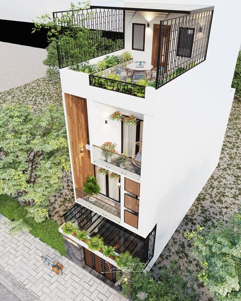 HOUSE-03 on Behance Small House Facade Ideas, Narrow House Designs Exterior, Small Architecture House, Small Front House Design, Small House Exterior Modern, Narrow House Design Interior, Rooftop Ideas House, Small House Design With Rooftop, Narrow House Exterior