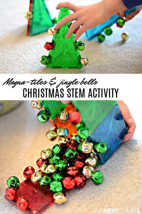 Magnatiles idea for Christmas: make mini Christmas trees using Magna-Tiles and jingle bells! #magnatiles #magnatilesideas #christmas #christmasactivitiesforkids Stem Activity For Kids, Christmas Stem Activities, Christmas Activities For Toddlers, Mini Christmas Trees, Preschool Christmas Activities, Magna Tiles, Christmas Science, December Activities, Christmas Stem