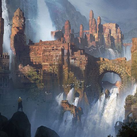 Waterfall ruined Monastery setting to be found int he mountains for DnD / Pathfinder location with at least one thing living - probably not friendly! Rpg City, Location Inspiration, 다크 판타지, Fantasy City, Fantasy Castle, Fantasy Setting, Fantasy Places, A Castle, Fantasy Art Landscapes