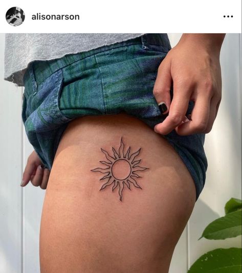 sun hip tattoo Sun Tattoo On Hip, Sun Thigh Tattoo, Sun Tattoo Hip, Sun Hip Tattoo, Rising Sun Tattoos, Tattoo Hip, Sun Tattoos, Sun Tattoo, Hip Tattoo